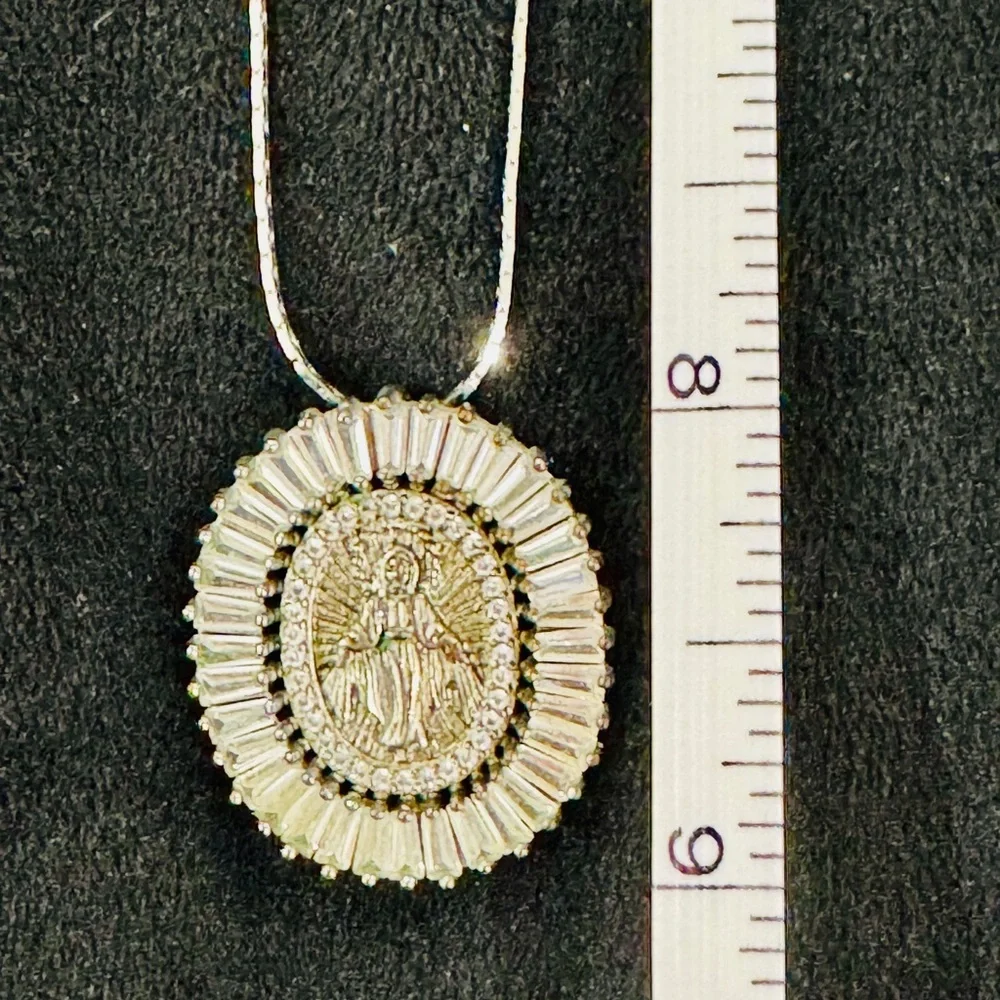 Silver Virgin Mary Medallion Pendant Necklace -Stainless Steel - Picture 3 of 3